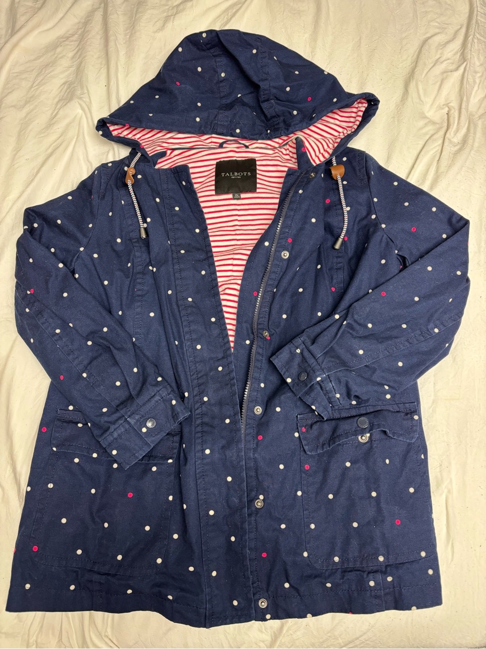 Talbots Navy Polka Dot Hooded Coat with Striped Lining